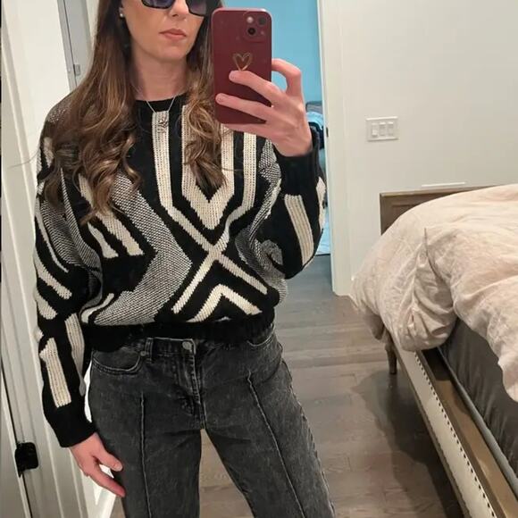 Ralph Lauren Black White Geometric Sweater XS Oversize Dolman Wool Cashmere $225 - Picture 5 of 10